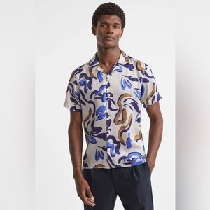 NWT REISS White Multi Abstract Print Cuban Collar Shirt
